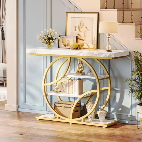 Huuger 41.3 Inch Entryway Table with Marble Top, Modern Console Sofa Table, Accent Table with Shelves, for Entry, Hallway, Entrance, Foyer, O-Shaped Metal Frame, White Marble & Gold Huuger