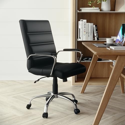 Flash Furniture Whitney Mid-Back Swivel LeatherSoft Desk Chair with Padded Seat and Armrests, Adjustable Height Padded Office Chair, Black Flash Furniture
