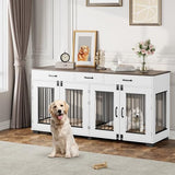 71 in Dog Crate Furniture for 2 Dogs, Wooden Double Dog Crate with 3 Drawers and Removable Room Divider, XXL Indoor Dog Kennel TV Stand End Table with Double Doors for Large Medium Dogs, White GarveeHome