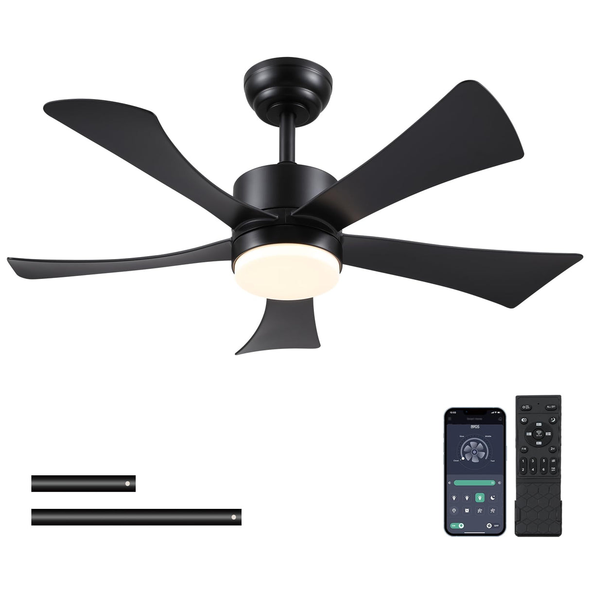 42 inch Ceiling Fans with Lights, Modern Black Ceiling Fan with Remote Control App, DC Motor Quiet, 3CCT Dimmable Memory, Led Sloped Flat Ceiling Fan with Light for Bedroom Indoor&Outdoor Patio BayDay