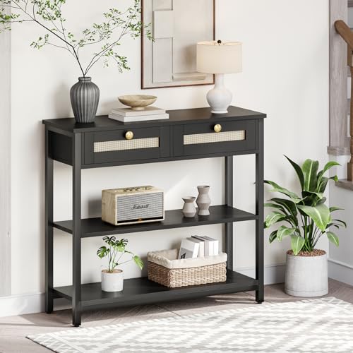 HOOBRO Rattan-Like Narrow Console Table with 2 Drawers, 31.5-Inch Sofa Table with Storage, Open and Hidden Storage Space, Woven Decoration, for Hallway and Foyer, Black BB02XG01 - WoodArtSupply