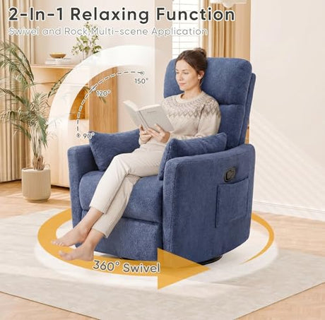 Flamaker Swivel Recliner Chair, Massage Nursery Rocking Chair with 2 Pillows, Comfy Single Sofa Glider Rocking Chair with Side Pockets for Living Room (Fabric, Blue) Flamaker