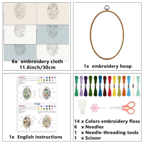 ORIGACH 6 Pack Plants Leaves & Flower Embroidery Kits for Beginners, DIY Starter Hand Embroidery Kit with Floral and Leaf Patterns and Instructions for Adults Women Crafting