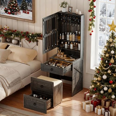 MDGC Makeup Vanity Desk with Mirror and Lights,Small Vanity Desk Set with Charging Station & Glass Top,Compact Dressing Table with Jewelry Cabinet & Storage Wheel Stool for Bedroom, Rustic Brown MDGC