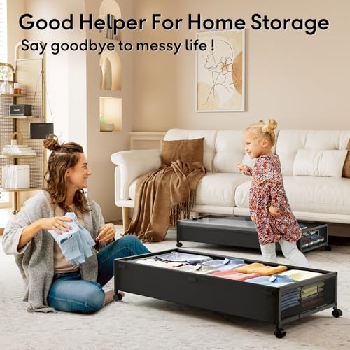 LeArex Under Bed Storage Containers with Wheels 2 Pack Underbed Shoe Storage Bedroom Storage Bins Organizer Large Capacity Under Bed Storage with Lid for Clothes Shoes Toys Blankets (Black) LeArex