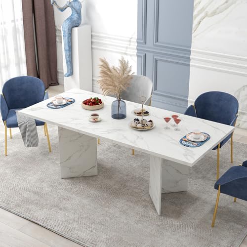 Zevemomo 63"-78.7" Expandable Dining Table, 4-8 Extendable Dining Table, Conference Table with Slide Track, Wooden Farmhouse Kitchen Table with Sturdy Base for Office, Living Room-White Zevemomo