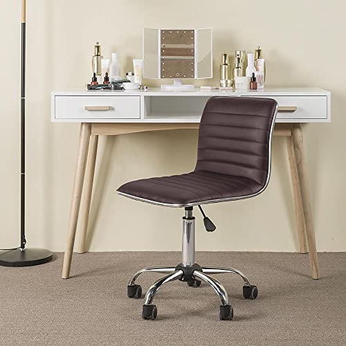 Yaheetech Modern PU Leather Ribbed Armless Working Office Chair Adjustable Low-Back Comfy Desk Task Chair w/Rolling Wheels, Brown Yaheetech