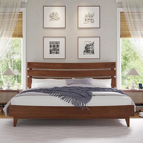 VanAcc King Size Solid Wood Bed Frame, Mid-Century Platform Bed with Slatted Headboard, Wood Slat Support/No Box Spring Needed/Walnut VanAcc