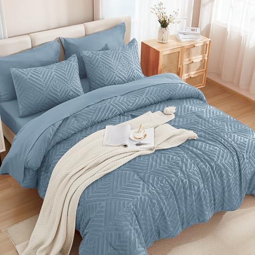 Andency King Size Comforter Set 7 Pieces Grayish Blue - Bed in a Bag King Boho Lightweight Fluffy Tufted Bedding Sets with Comforter, Sheets, Pillowcases & Shams Andency