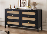DWVO Natural Rattan 6 Drawer Dresser-Wooden Black Boho Double Dresser Chest of Drawers with Golden Handles-Modern Large Closet Dressers Storage Cabinet for Living Room/Hallway/Entryway DWVO