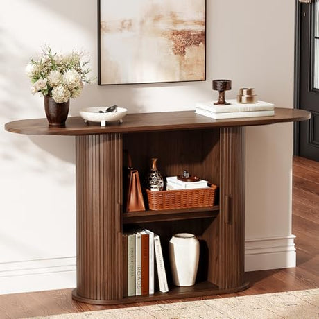 55 Inch Console Table with Storage, Fluted Entryway Tables with Sliding Doors, Sofa Table Behind The Couch, Hallway Tables, Mid-Century Modern Foyer Table for Entryway, Hallway, Living Room, Walnut ONBRILL
