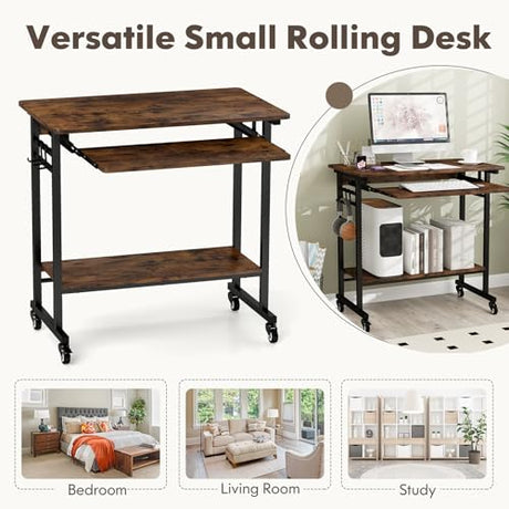 Tangkula Rolling Computer Desk Cart with Keyboard Tray, Mobile Portable Laptop PC Desk with CPU Stand & 3 Hooks for Sofa & Bed, Industrial Small Desk on Wheels for Small Spaces, Home Office Desk Tangkula