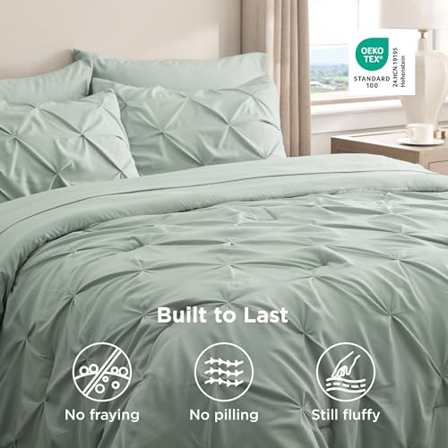 Bedsure Queen Comforter Set Sage Green - Bed in a Bag Queen Size Bedding 7 Pieces, GentleSoft™ Pintuck Bed Set Gift for Family, Pinch Pleat All Season Comforter with Sheets, Pillowcases & Shams Bedsure