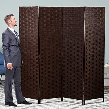 Meet Perfect 4-Panel Room Divider Privacy Screen,6 FT Wooden Woven Folding Screen,Foldable Mesh Wall Divider, Freestanding Room Partitions/Separator/Dividers Double-Weaved with Two-Way Hinges- Brown Meet perfect