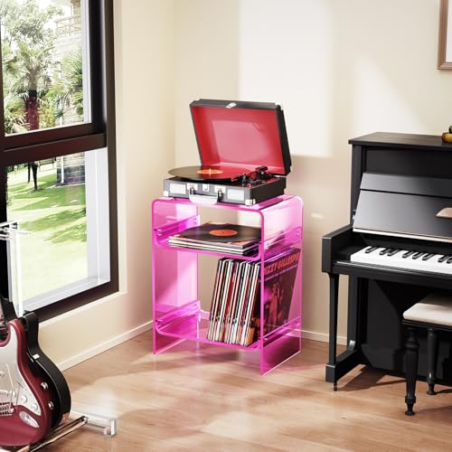 Acrylic Record Player Table with Storage Shelf, Clear Side Table Nightstand (Pink, Large) Acrylicolor