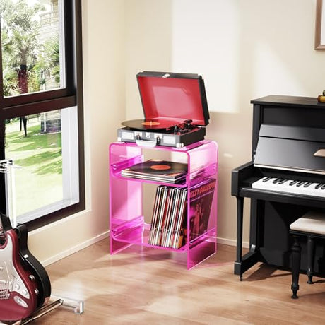 Acrylic Record Player Table with Storage Shelf, Clear Side Table Nightstand (Pink, Large) Acrylicolor