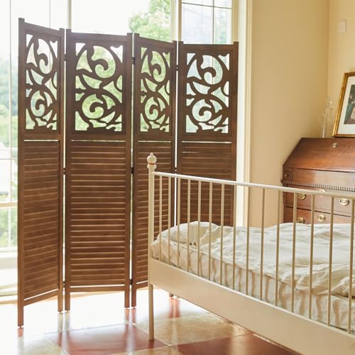 Svimi Folding Room Divider, 5.6Ft 4 Panels Wood Carved Privacy Screens, Free Assembled Freestanding Portable Reversible Functional Decorative Partition for Home Office Restaurant Bedroom (Brown) Svimi