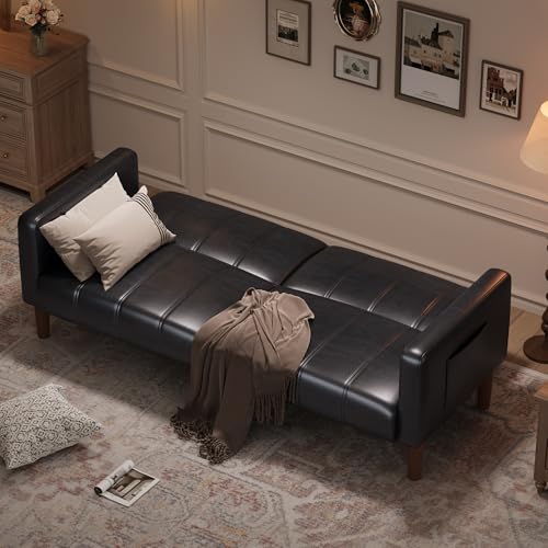 GarveeHome Futon Sofa Bed, 75-Inch Modern Faux Leather Convertible Couch, Mid-Century Loveseat for Small Space, Living Room, Bedroom, Black GarveeHome