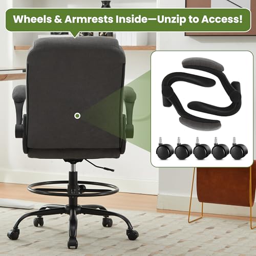 Drafting Chair Tall Office Chair for Standing Desk, Ergonomic Tall Desk Chair with Adjustable Foot Ring, Flip-Up Armrests, Lumbar Support, Comfortable Fabric Seat – Ideal for Home and Office Use MAHOMICO