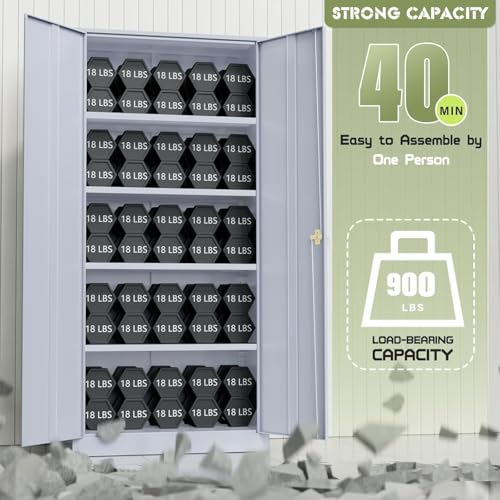 SUNCROWN Metal Storage Cabinets, 72”Locking Cabinet with 2 Doors and 4 Adjustable Shelves, Steel Utility Tool Garage Cabinets,Tall Metal Lockable File Cabinet for Office,Home, Gym, School, Grey SUNCROWN