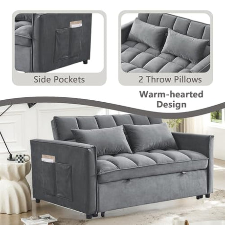 54" Convertible Sofa Bed, Velvet Sleeper Sofa with Pull-Out Bed, 3-in-1 Futon Couch with Reclining Backrest and Side Pocket, Modern Loveseat for Living Room (Medium Grey) Qinazoe