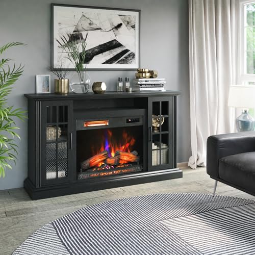 duraflame® Electric Fireplace Media Mantel for TVs up to 65 inches and Farmhouse Storage Cabinets, Black Embossed Ash Duraflame
