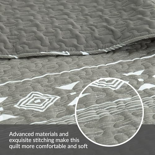 Whale Flotilla Full Queen Size Quilt Set - Reversible Grey Quilts Queen Size with 2 Pillow Shams, Lightweight Boho Striped Bedspreads Coverlet Bedding Set for All Seasons Whale Flotilla