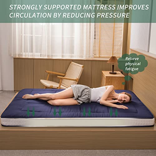 MAXYOYO Futon Mattress, Padded Japanese Floor Mattress Quilted Bed Mattress Topper, Extra Thick Folding Sleeping Pad Breathable Floor Lounger Guest Bed for Camping Couch, Navy, Full MAXYOYO