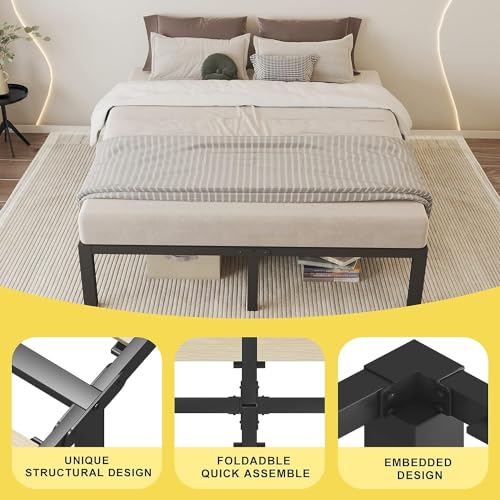 ROIL 18 inch Twin Size Bed Frames with Wide Wood Slats - 3500lbs Heavy Duty No Box Spring Needed Platform, Mattress Stoppers Single Metal Noise Free, Headboard Hole Underneath Storage ROIL