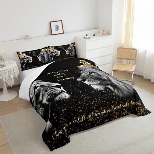 3D Lion Couple Comforter Set Queen Size,Golden Glitter King and Queen Crown Bedding Set for Kids Girls Women Men Bedroom Decor,African Wild Animals Quilt Set Valentine's Day Duvet Insert,Black Castle Fairy