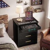 Black Nightstand with Gun Drawer for Bedroom Modern 3 Drawer Night Stand Gun Safe for Handgun Bed Side Table with Storage Hidden Compartment Locking Drawer IGERI