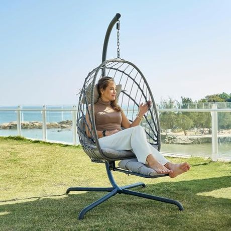 Hanging Egg Chair with Leg Rest and Stand – Rattan Wicker Swing Hammock Chair, UV-Resistant Cushion, Heavy-Duty Frame for Indoor & Outdoor Patio, Bedroom, Balcony, Garden – 330 lbs Capacity(Grey) Outlux