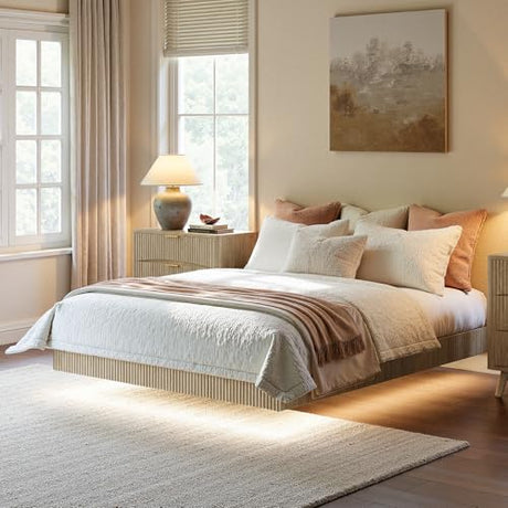 Evermagin Oak Queen Floating Bed Frame with led Lights, Bohemia Fluted 10 Inch High Floating Platform Bed No Headboard, Heavy Duty Metal Float Bedframe, No Box Spring Needed Evermagin