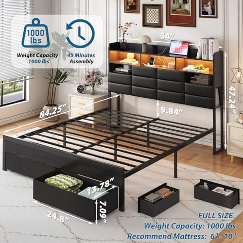 Etditrnp Full Bed Frame with Storage Headboard, Upholstered Black Bed Frame with 4 Drawers, LED Lights, and Charging Station, Heavy-Duty Metal Slats Support, Noise-Free Etditrnp