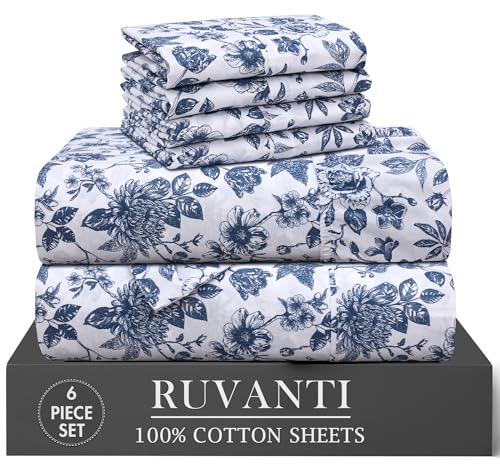 RUVANTI 6 Pcs Cotton Sheets - 100% Natural Cotton Soft, Lightweight & Breathable Crispy Percale Bed Sheets, King Size Sheets Set 16" Deep Pockets, Wild Flower RUVANTI