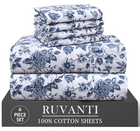 RUVANTI 6 Pcs Cotton Sheets - 100% Natural Cotton Soft, Lightweight & Breathable Crispy Percale Bed Sheets, King Size Sheets Set 16" Deep Pockets, Wild Flower RUVANTI