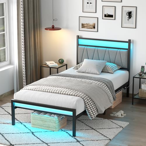 CollaredEagle Twin Bed Frame with LED Lights & Charging Station, Metal Platform Bed Frame with Fabric Upholstered Headboard, No Box Spring Needed, Noise Free, Easy Assembly, Black CollaredEagle