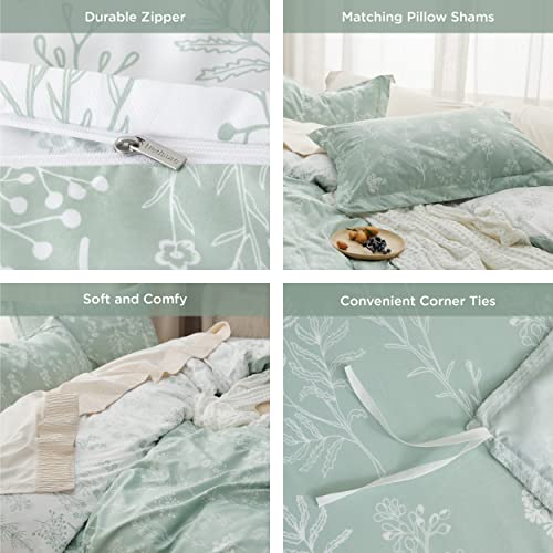 Bedsure Duvet Cover Queen Size - Reversible Green Queen Duvet Cover Set with Zipper Closure, 3 Pieces Floral Patterned Bedding Set with 8 Corner Ties and 2 Pillow Shams Bedsure