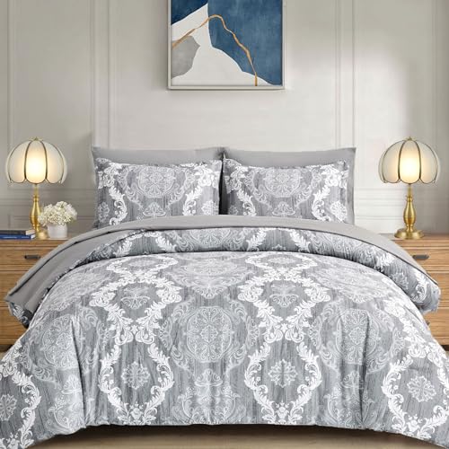 WONGS BEDDING Grey Comforter Set Queen Size, Damask Texture 7 Pieces Gray Bed in a Bag Microfiber Boho Comforter Bedding Sheet Set with Comforter, Flat Sheet, Fitted Sheet,Pillow Shams,Pillowcases WONGS BEDDING
