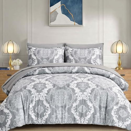 WONGS BEDDING Grey Comforter Set Queen Size, Damask Texture 7 Pieces Gray Bed in a Bag Microfiber Boho Comforter Bedding Sheet Set with Comforter, Flat Sheet, Fitted Sheet,Pillow Shams,Pillowcases WONGS BEDDING