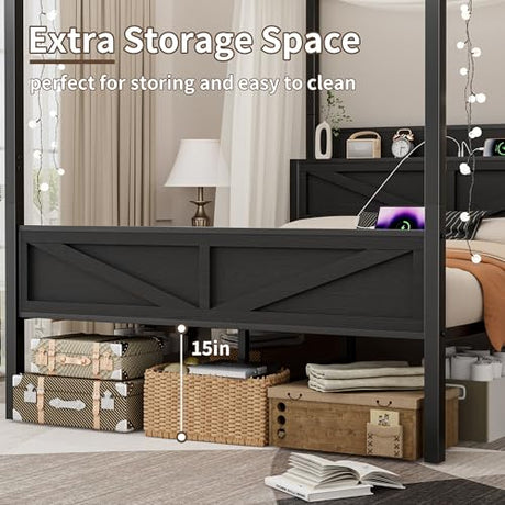 Tsovihe Queen Size Canopy Bed Frame with Barn Door Storage Headboard, Metal Slats Support LED Light & Charging Station/No Box Spring Needed/Easy Assembly/Curtain Not Included/Black Tsovihe