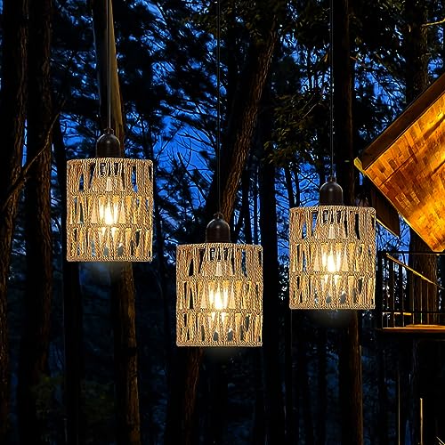 3 Pack Outdoor Chandelier Pendant Light for Gazebo Battery Operated Boho Hanging Lamp Bamboo Handmade Rattan Decorative Lights LED Lantern Bulb Powered by 4*AA Batteries for Porch Patio Backy - WoodArtSupply