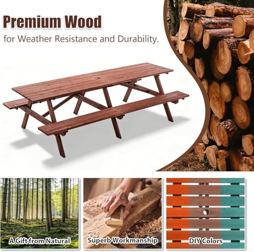 Jaxilyn Outdoor Wooden Picnic Tables 10-12 Person with Benches for Patio Garden Backyard Large Outside Dining Table Set with Umbrella Hole Jaxilyn