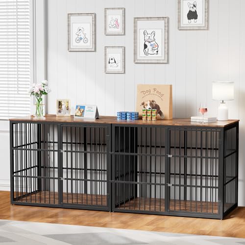 Lyromix 94.48'' Dog Crate Furniture Large Breed TV Stand with Double Rooms,Wooden Dog Kennel Dog Crate End Table with Removable Divider for Large Medium Dogs, Can Use Separately Lyromix