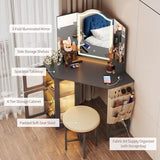 LVSOMT Corner Makeup Vanity Desk with Mirror and Lights, Dressing Table with Charging Station, Makeup Table with Stool, Storage Cabinet and Adjustable Shelf, Bedroom Vanity for Girls Women, Grey LVSOMT