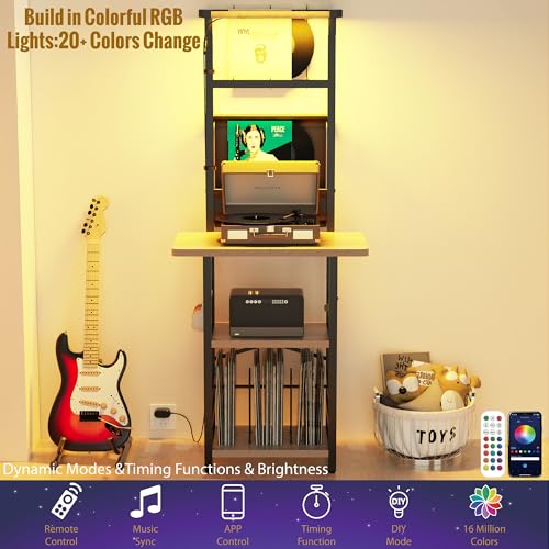 YAKANJ Record Player Stand with Led Light,Record Player Table with Vinyl Storage,Turntable Stand with Record Holder Vinyls Display Shelf for Music Room Studio,Greige YAKANJ