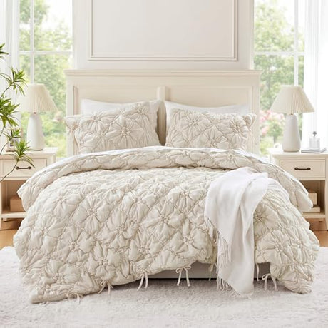Intelligent Design King Comforter Set – Ivory Lily Puffy Floral Shabby Chic Boho Bedding Comforter Set, Pinch Pleat Bedding Sets, Ultra-Soft, Lightweight & All-Season, King/Cal K Intelligent Design