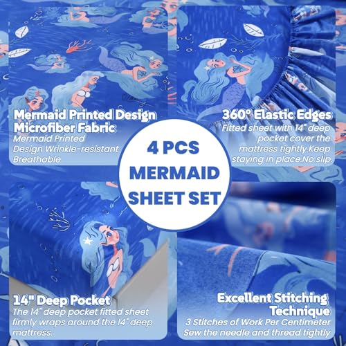MAG 4Pcs Mermaid Full Size Sheet Sets,Blue Ocean Sheets,Kids’ Microfiber Bedding Sheet Set 1 Fitted Sheet 14''Deep Pocket +1 Flat Sheet+2 Pillowcases for Toddler Boys and Girls,Breathable and Wrinkle. MAG