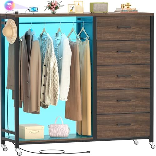 Cyclysio Dresser with Hanging Rack, 5 Fabric Drawers Dresser with Clothes Rack, Wooden Top Storage Chest of Drawers with Charging Station & LED Lights, Lockable Wheels, Closet Cyclysio