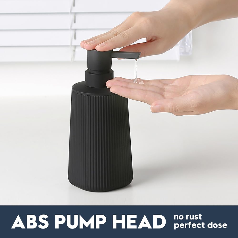 Small Soap Dispenser for Bathroom and Kitchen, Modern Farmhouse Striped Style Plastic Hand Soap Dish Soap Dispenser with Pump Matte Black YAUKPH